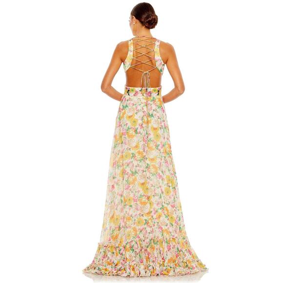Mac Duggal 9174 Long Formal Multicolored Floral Print Chiffon Gown Dress Size 10 - Picture 7 of 16